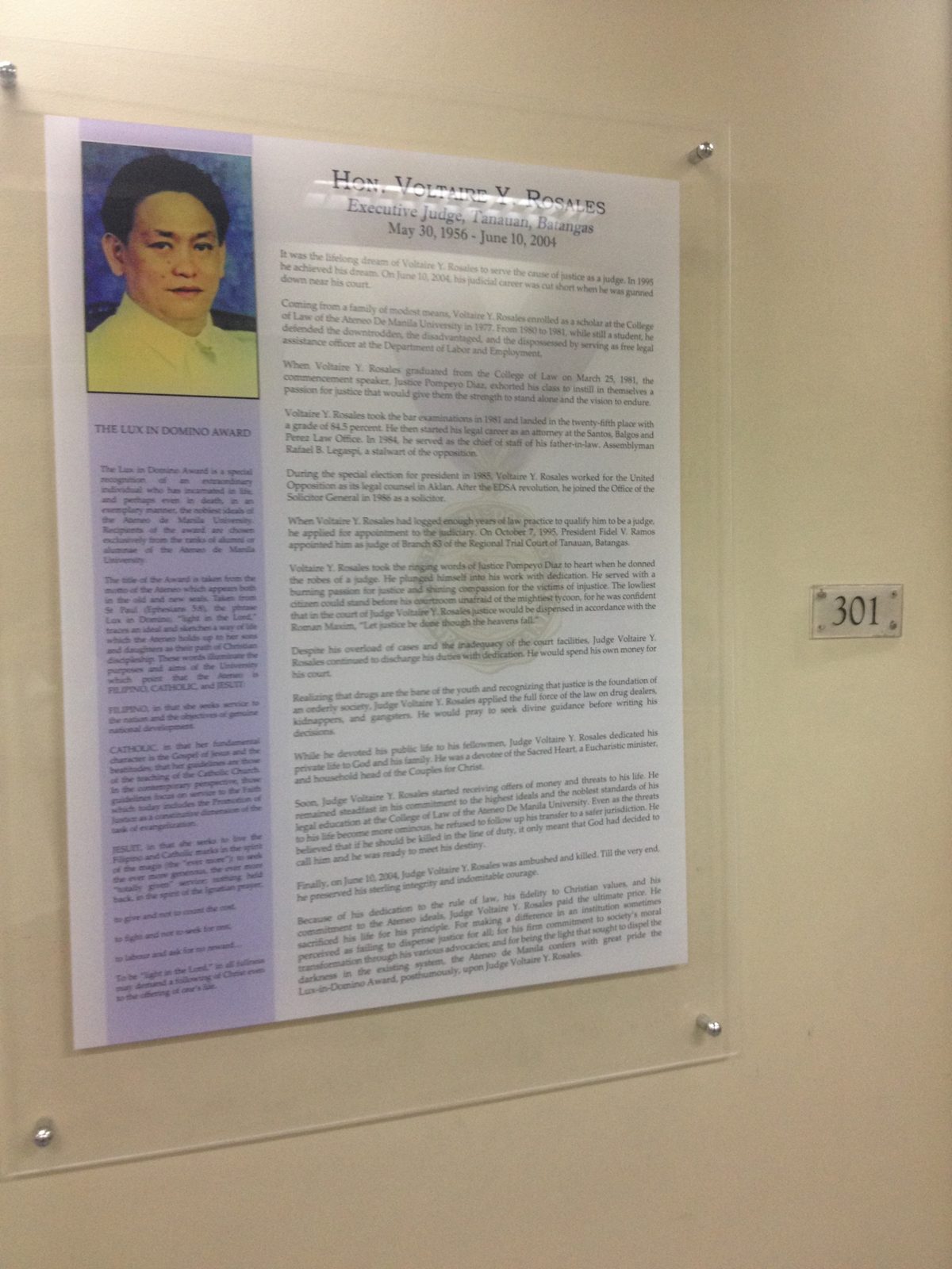 Ateneo's Lux-in-Domino biography panel beside Room 301