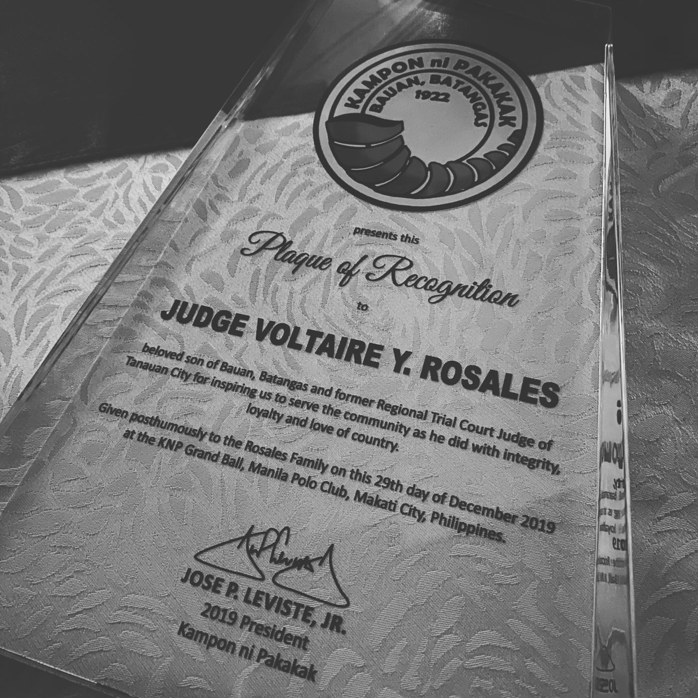 Plaque of Recognition from Kampon ni Pakakak, Bauan, 2019