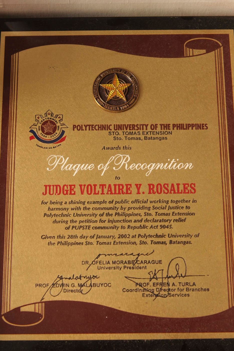 Plaque of Recognition from PUP Sto. Tomas Extension, 2002